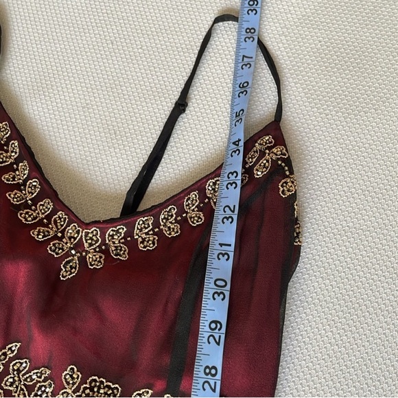 Adrianna Papell Burgundy, Black, & Gold Beaded Silk Cocktail Dress Size 4 - Picture 6 of 12